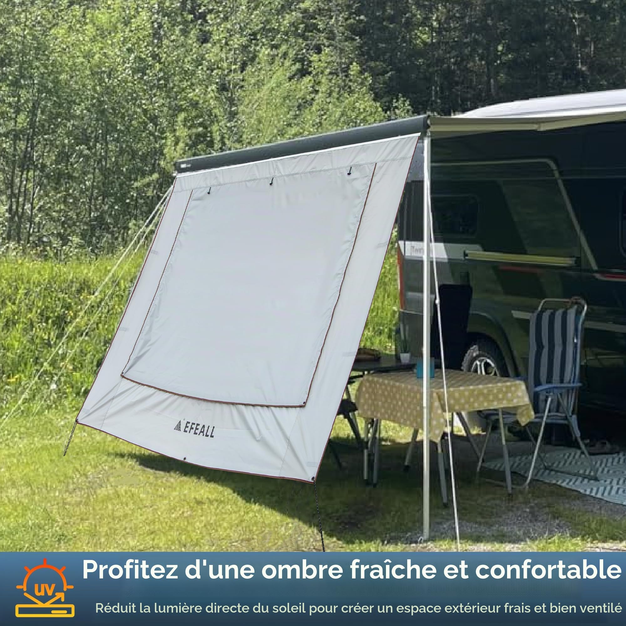 Auvent pour Camping-car - Pare-vent avant 2 x 4,8 m, Protection UPF 50+, Résistant à la pluie, avec fenêtre panoramique réglable (tissu + filet), Auvent solaire pour rails de 5–7 mm