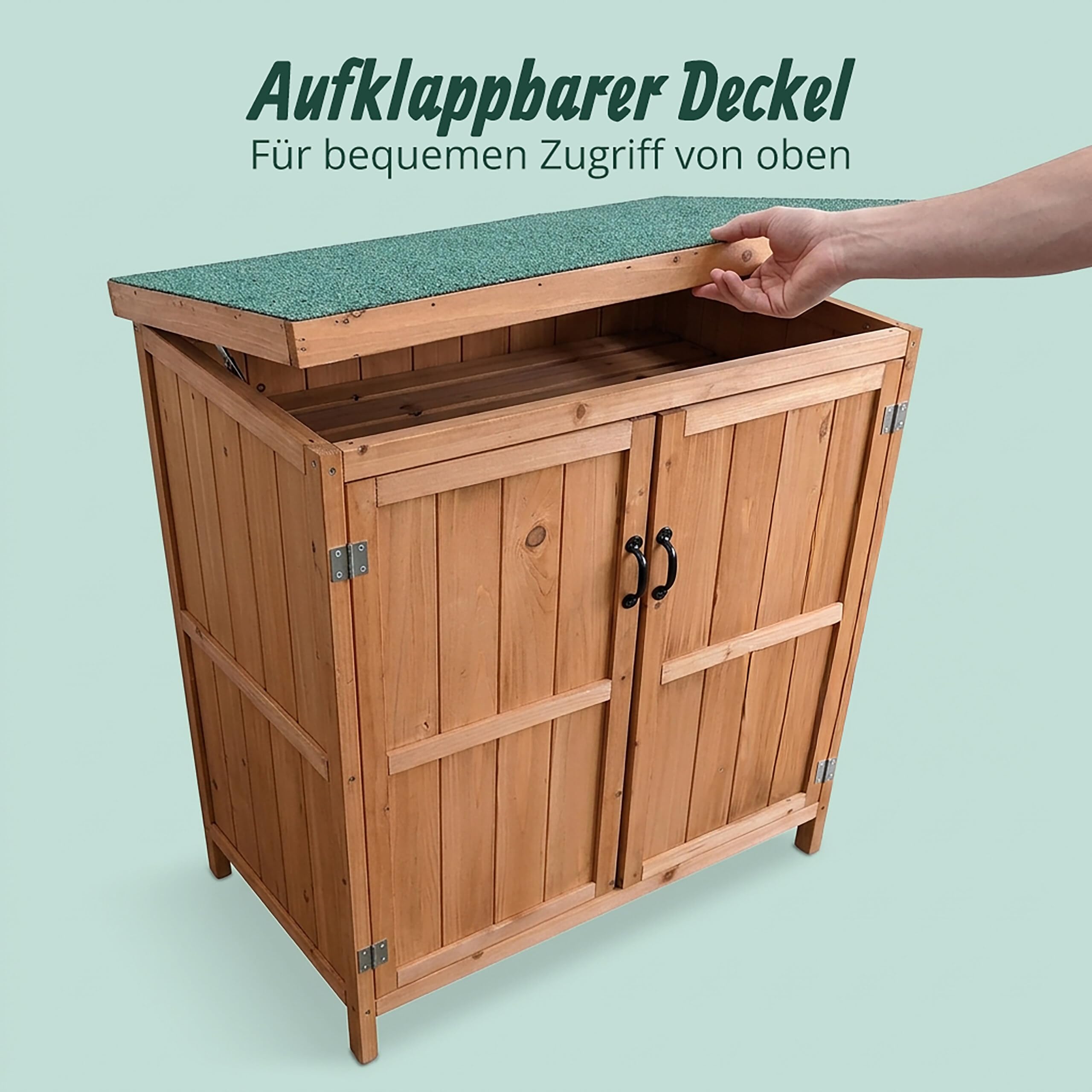 Relaxdays Gartenschrank, Holz, aufklappbares Dach, wetterfest, Einlegeboden, HBT: 88 x 75 x 44 cm, Gerätehaus, Hellbraun