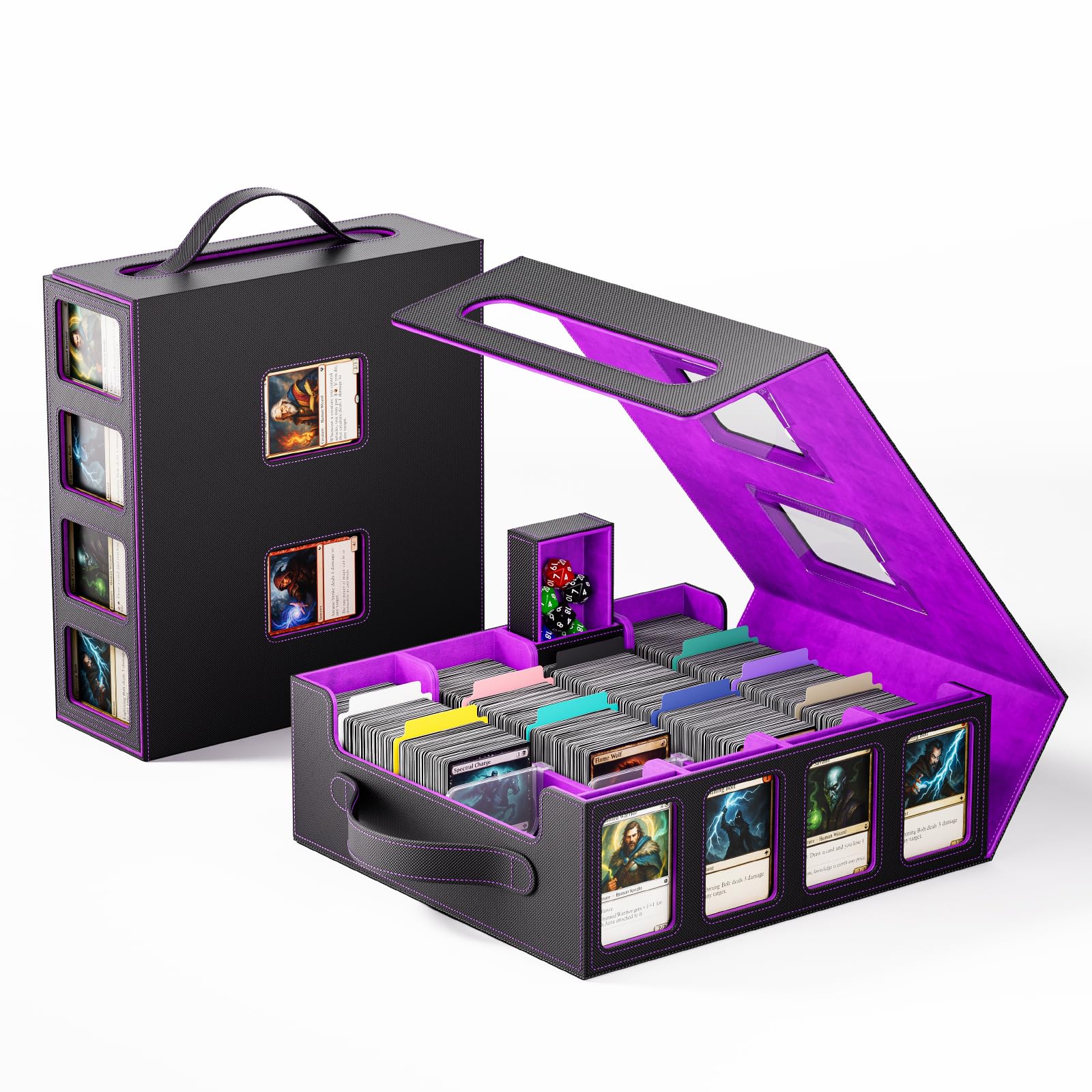 Trading Card Storage Box – 3500+ Magnetic MTG Deck Box with Handle,Commander & Toploader Display, Dice Box,4 Dividers & 30 Color Labels–Fits for TCG,MTG,Yu-Gi-Oh and Sport cards(Black/Purple)