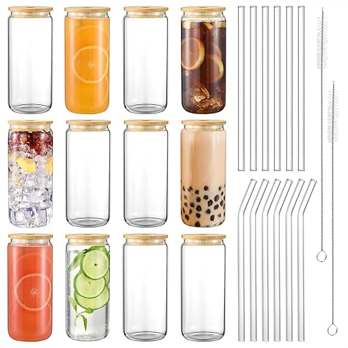 Vasos de vidrio con tapas y pajitas de 20 onzas, juego de 12 vasos para beber, vasos de cerveza con tapas de bambú, lindo vaso con popote para café
