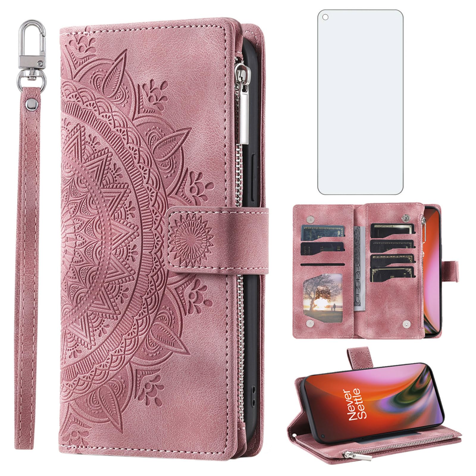 Asuwish Phone Case for OnePlus Nord 2 5G Wallet Cover With Tempered Glass Screen Protector and Wrist Strap Mandala Flower Flip Zipper Card Holder Cell One Plus On 1 Plus 1plus One+ 1+ Nord2 Rose Gold
