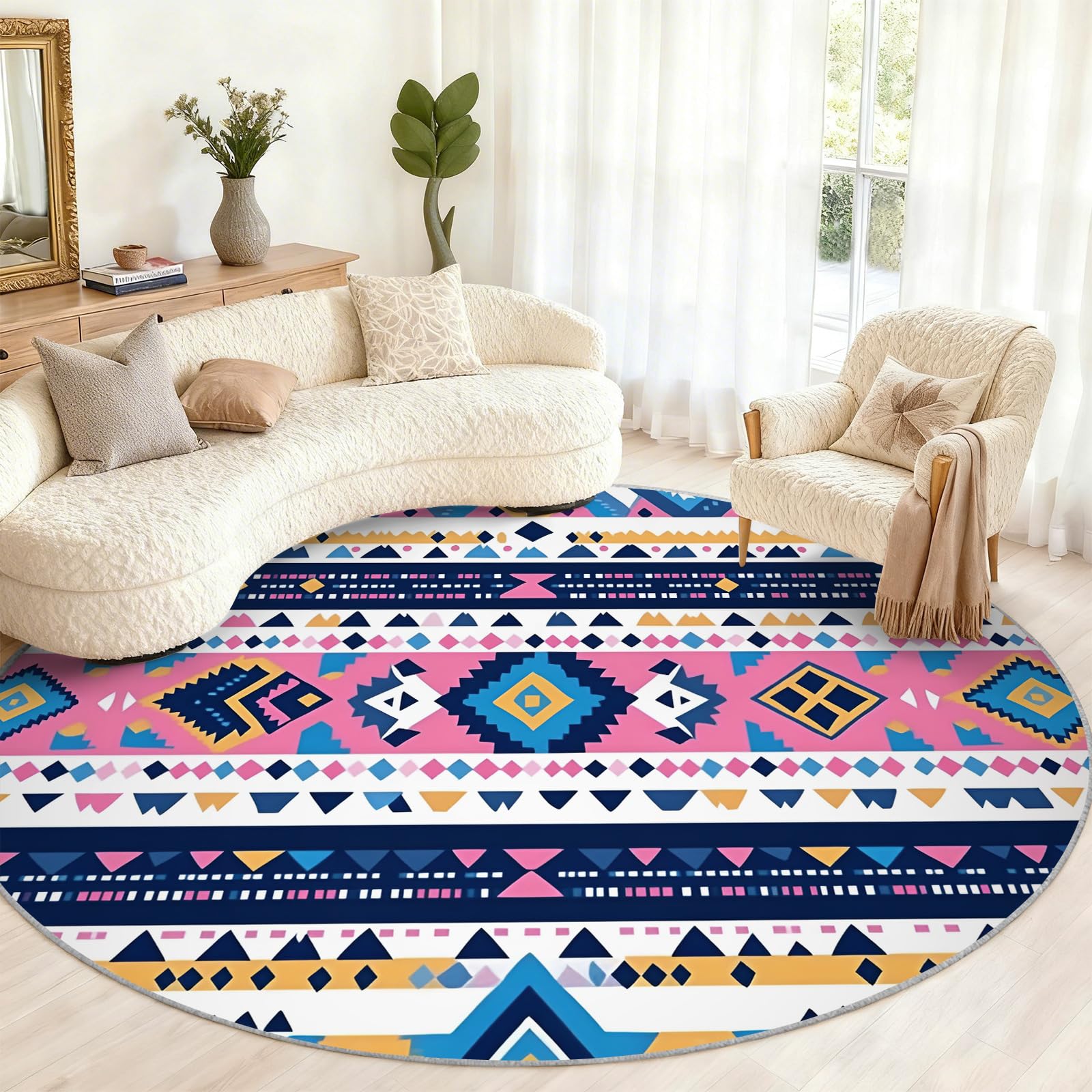 Tapis rond aztèque – Tapis géométrique tribal pour cuisine, ethnique bohème – Tapis circulaire pour salle à manger – Tapis lavable antidérapant coloré sud-ouest – 1,5 m