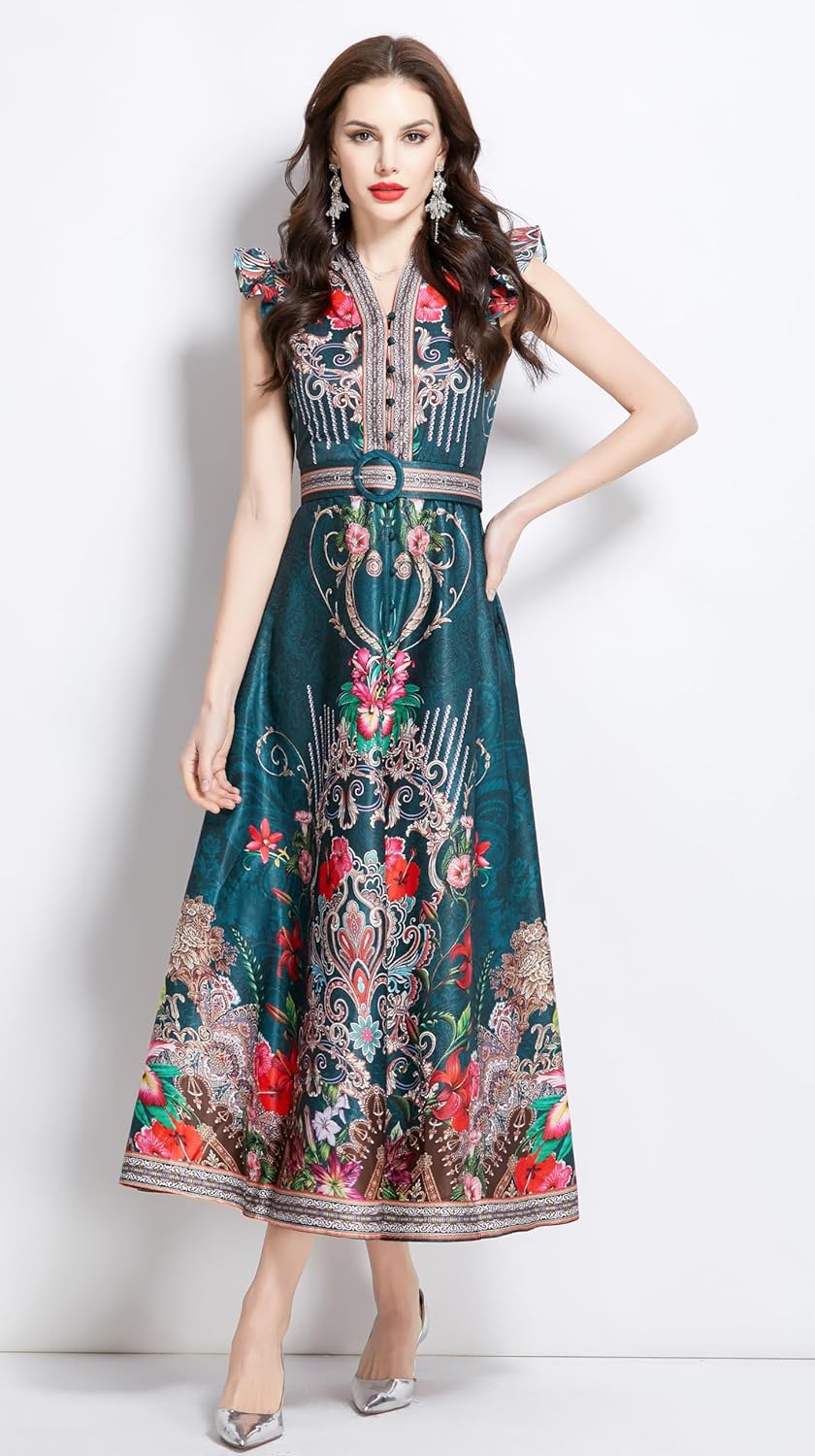 LAI MENG FIVE CATS レディース 花柄プリント Vネック ノースリーブ エレガント ボタンアップ マキシドレス