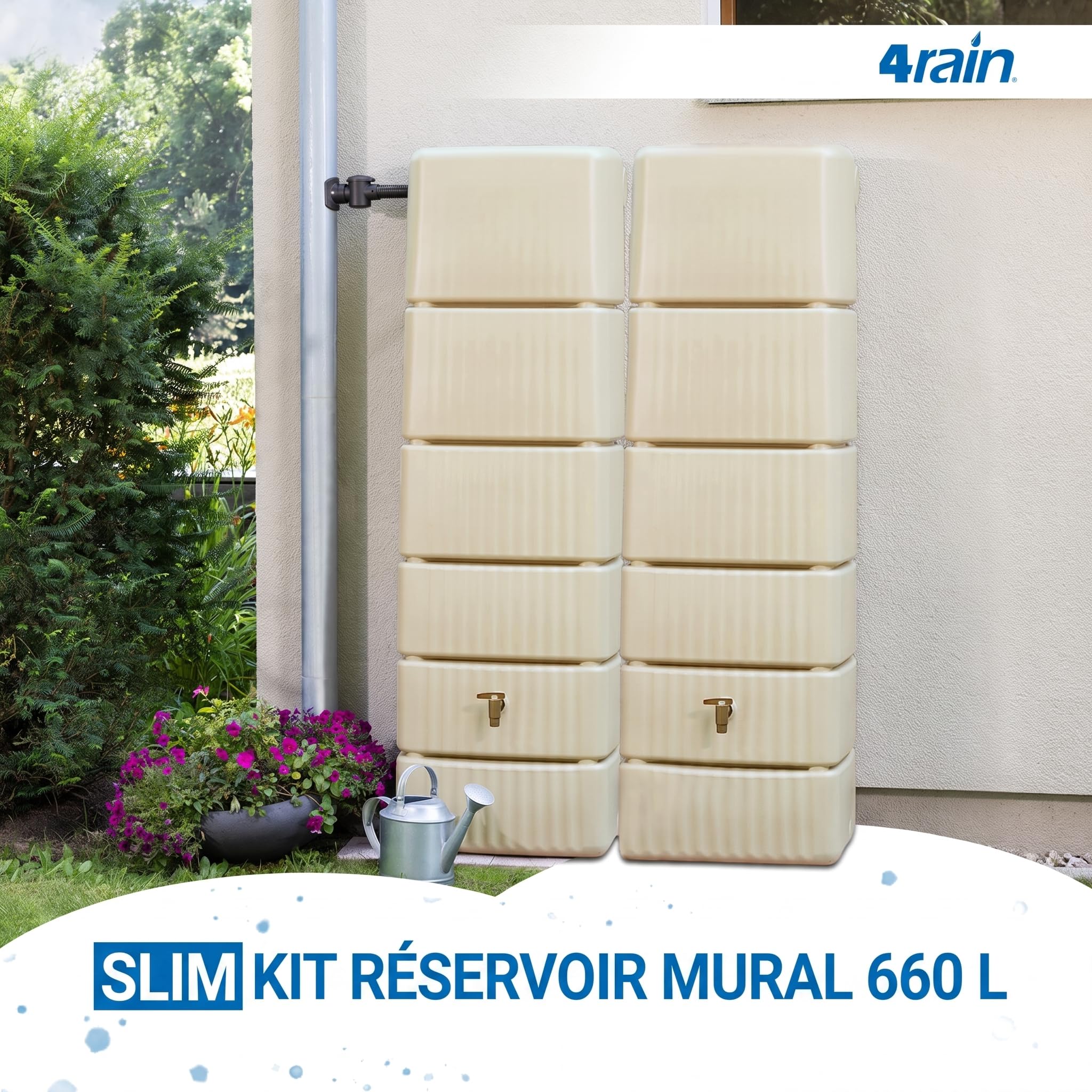 4rain Slim Kit Recuperateur d Eau de Pluie 660L Sable Beige | 2X Réservoir d’Eau de Pluie Slim 330L avec Connecteur, Récupérateur Mural Robuste pour Jardin et Terrasse