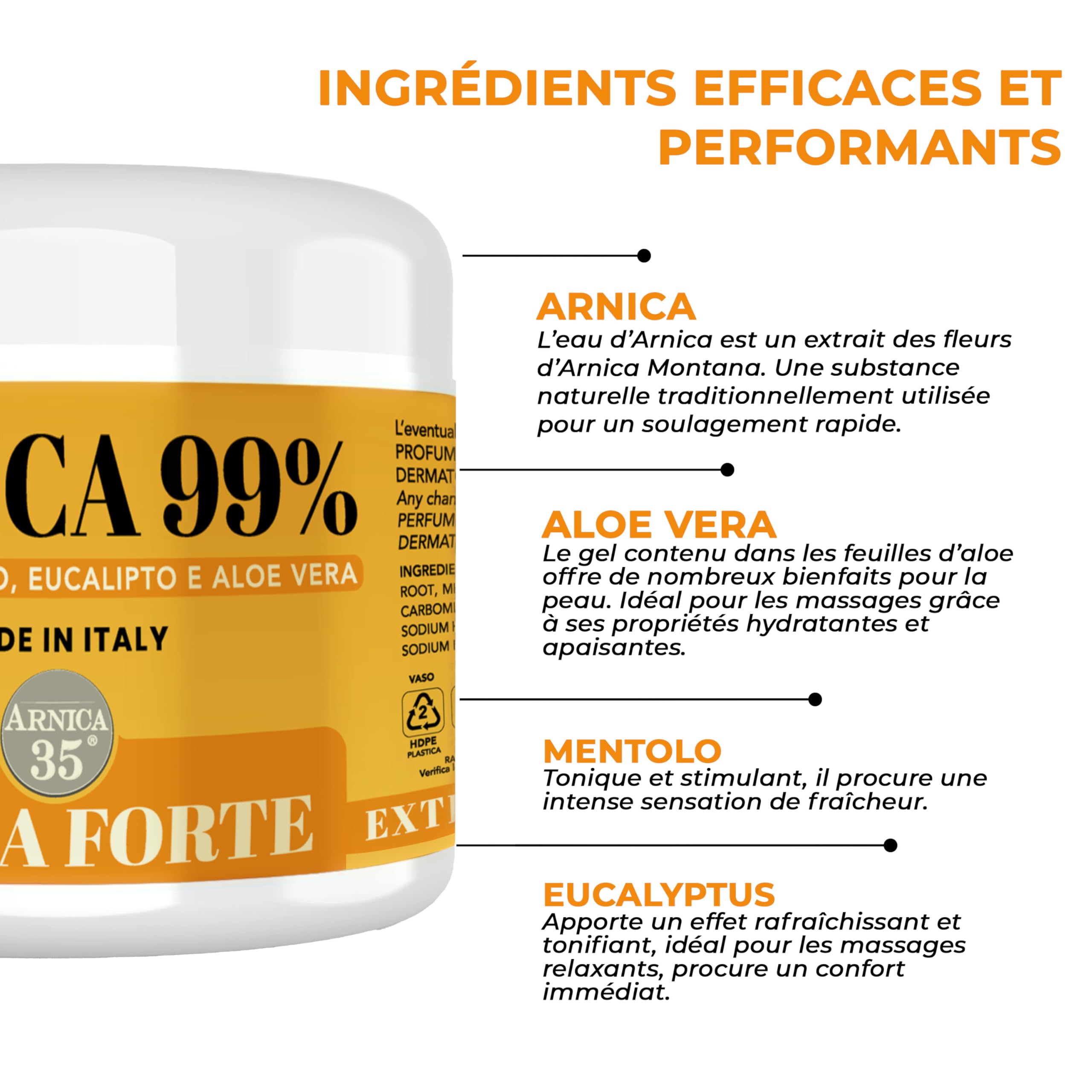 Arnica 35 – Gel d’Arnica Extra Fort 99%, Effet Rafraîchissant 500 ml, Procure du Confort aux Muscles, Articulations, Gel-Crème de Massage au Menthol, Eucalyptus et Aloe Vera, Made en Italie