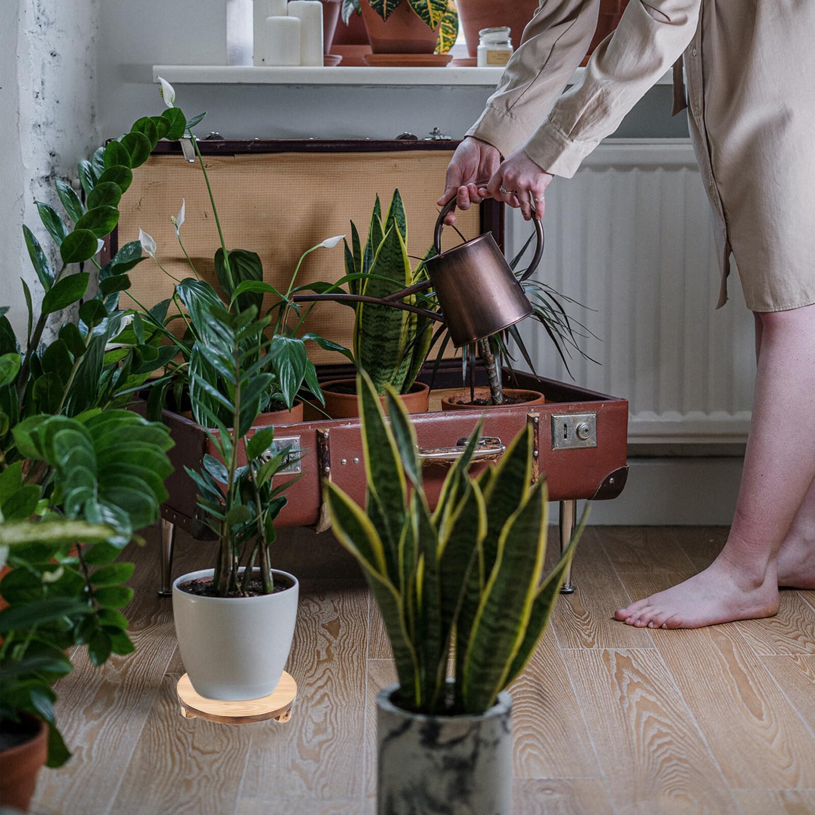 Gatuida Soporte para Macetas de Madera Beige Redondo y Estable, Elevador Multifuncional para Plantas y Bonsáis Hogar