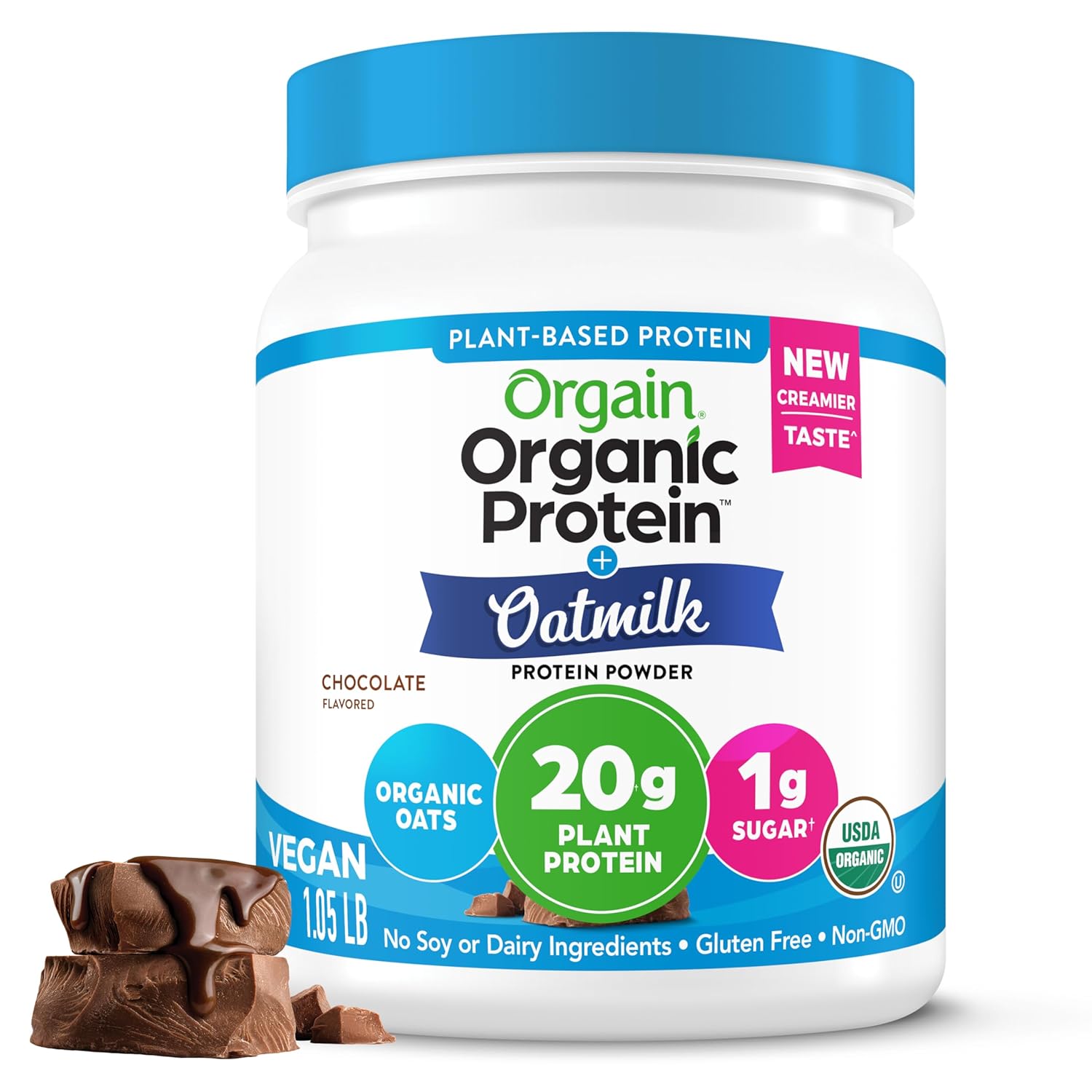 Orgain Organic Vegan Protein Powder + Oat Milk, Chocolate - 20g Plant Based Protein, Gluten Free, No Dairy, Soy or Lactose Ingredients, Low Sugar, Non-GMO, Kosher, For Shakes & Smoothies - 1.05lb protein powder by Orgain