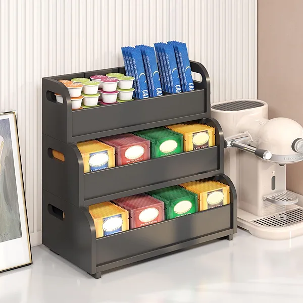 Tea Holder for Tea Bags Organizer - Black Bamboo Tea Organizer for Tea Bags 3-Tier Stackable Wall Mount Large Capacity Tea Storage Box to Pantry Countertop Kitchen Office
