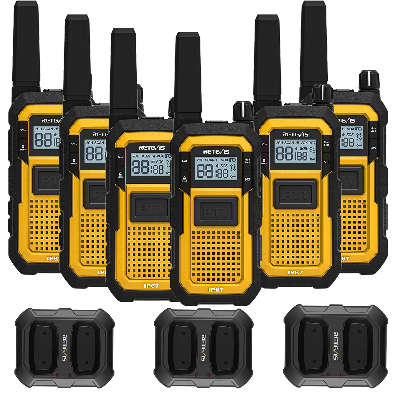 Retevis RB648 Walkie Talkies, IP67 Radio Bidirezionale Impermeabile, Antipolvere, Resistente, 2000 mAh PMR446, SOS Vibrazione, Walkie Talkie Avanzato a Tripla Prova per Industria (6 Pezzi, Giallo)
