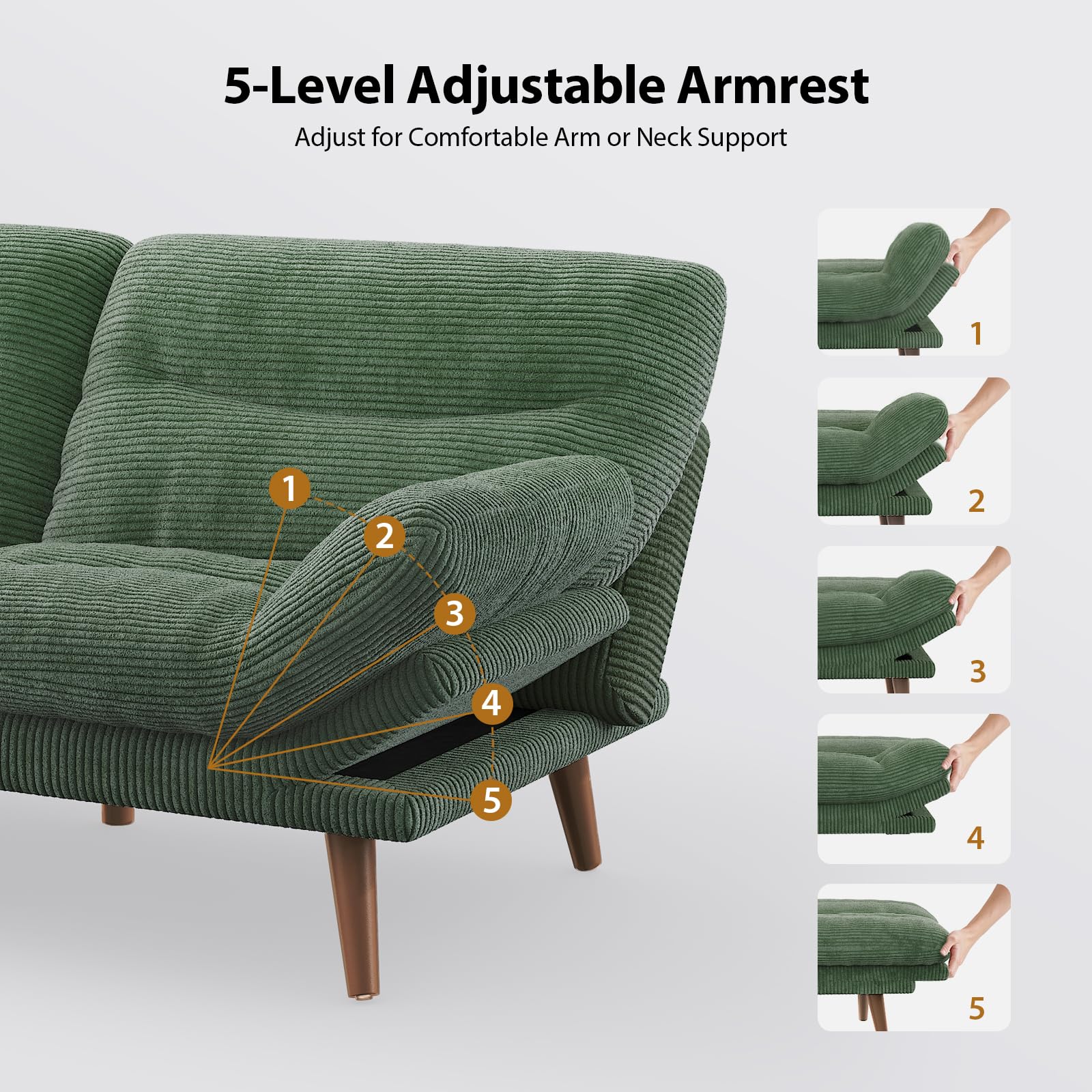 Pipishell 75" Convertible Futon Sofa Bed with Adjustable Armrests, Green | 3-in-1 Sofa, Recliner and Bed, 3-Position Adjustable Backrests, 5-Level Adjustable Armrests, Corduroy Fabric, Small Space Use