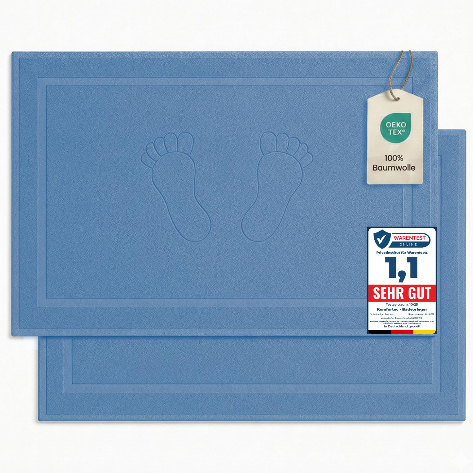 Komfortec Bath Mat Set, 2-Piece Terry Cloth Shower Mat, Washable Shower Mat & Bath Mat, 800 g/m² & 100% Cotton, Absorbent & Quick Drying, 50 x 80 cm, Light Blue — image 1