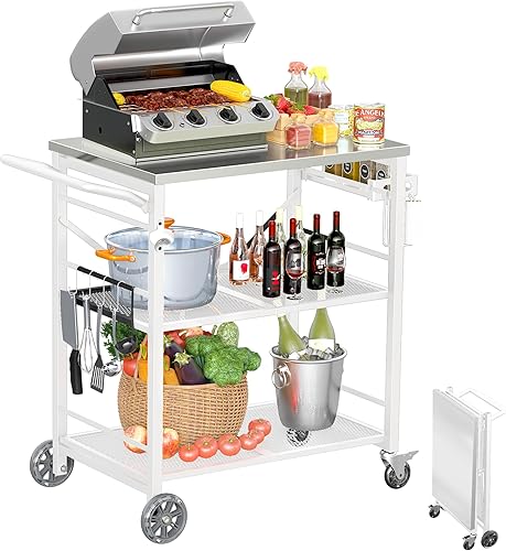 Carrito plegable para parrilla, mesa de metal para horno de pizza con 2 ruedas de bloqueo total, carrito plegable de isla de cocina de 3 estantes,