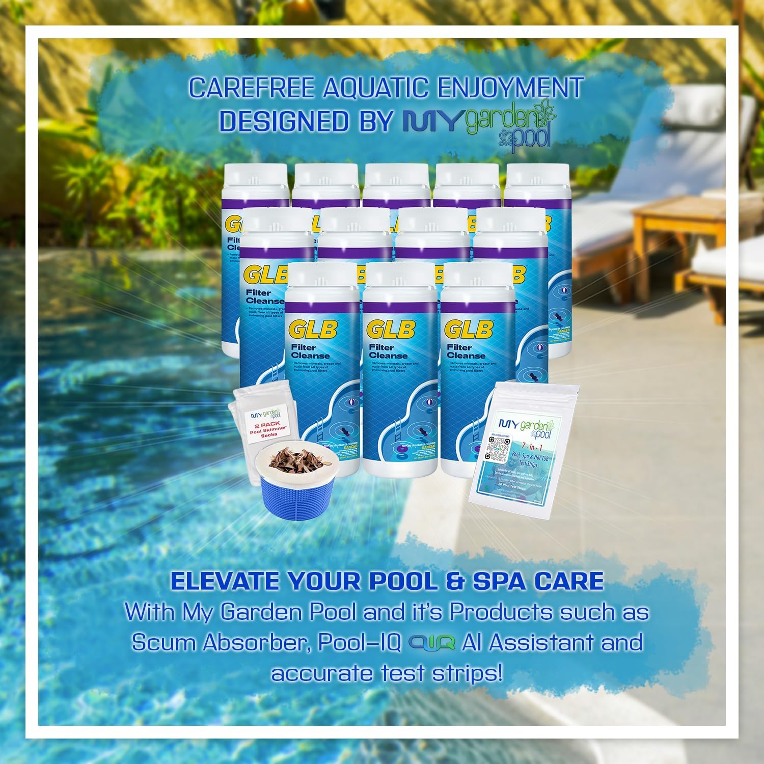 GLB Filter Cleanse 2lb (71006A) 12-Pack with My Garden Pool 7-in-1 Test Strips & 2 Skimmer Socks – Professional Powder Formula for Filter Care