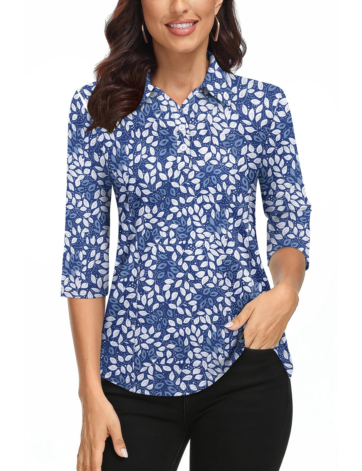 Zamowoty Women's 3/4 Sleeve Golf Tennis Polo Shirts 4-Button Dry Fit Workout Tops Athletic Shirt UPF50+