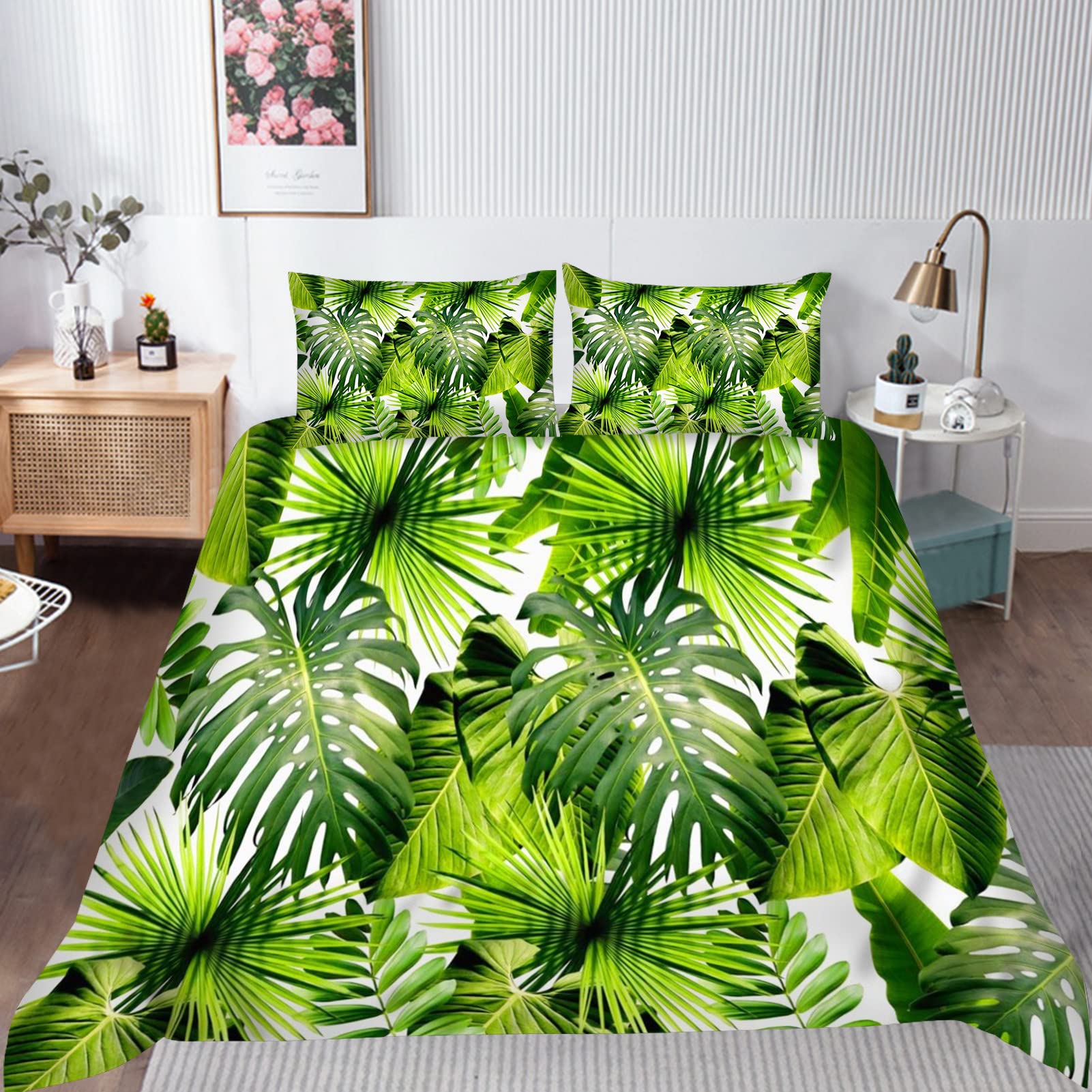 YUANZU Green Tropical Bedding Set Double for Comforter Easy Care Duvet Cover Set 3 Pieces Jungle Leaf Palm Leaves Printed Soft Microfiber Quilt Cover with Zipper Closure (200 x 200 cm & 2Pillowcase) โ image 1