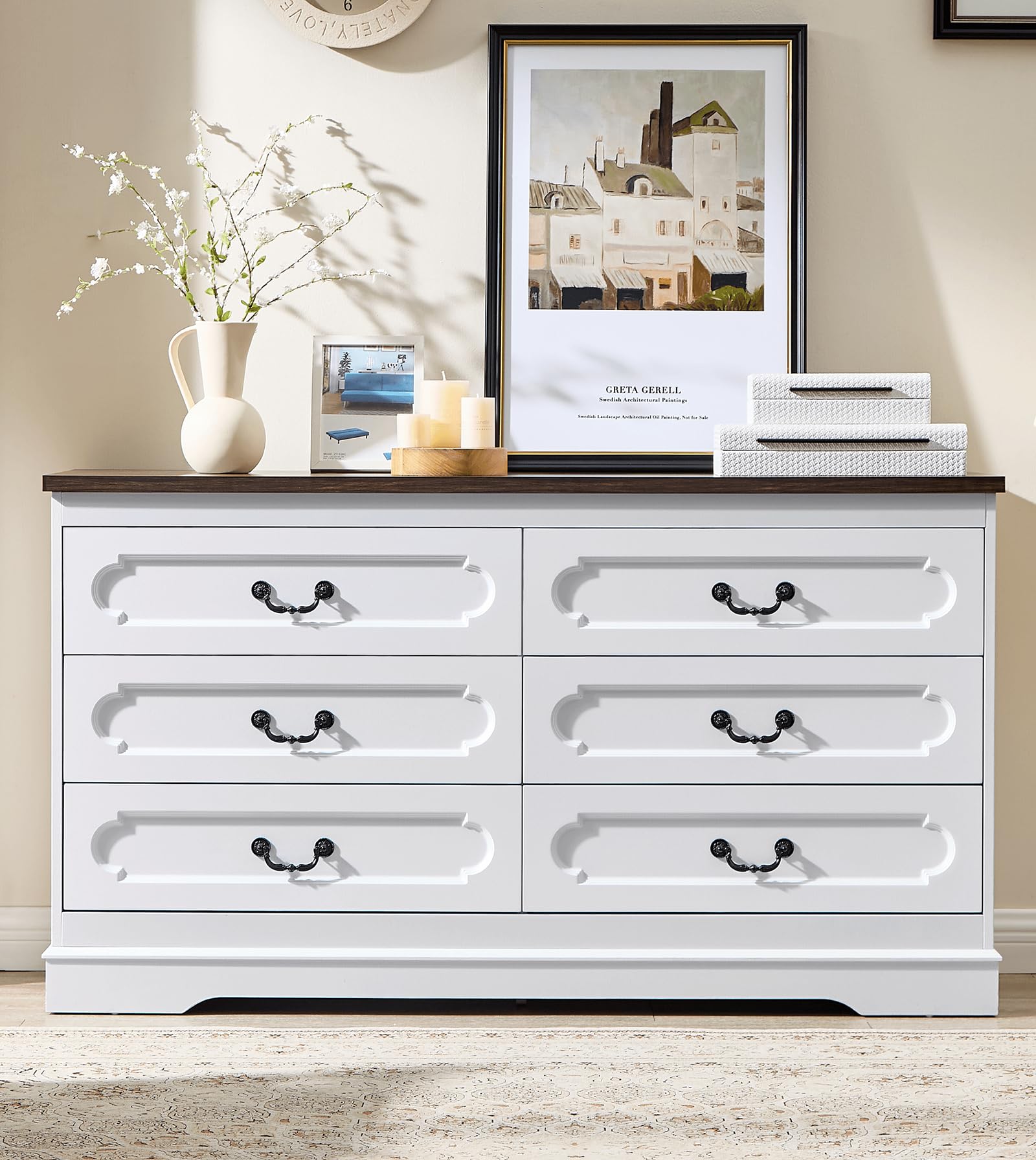 LIDYUK 6 Drawer Dresser for Bedroom Farmhouse WhiteTall Wood Chest of Drawers for Bedroom Dresser, Modern Rustic 55" Wide Drawers Dressers Wooden