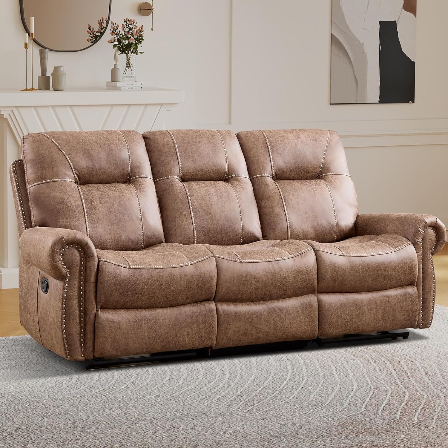 EBELLO Manual Recliner 3 Seat Sofa Couch, Soft Fabric 3 Seater Reclining Couch Chair, Vintage Rivet Mid-Century Design Furniture for Living Room, Meeting Room, Grey