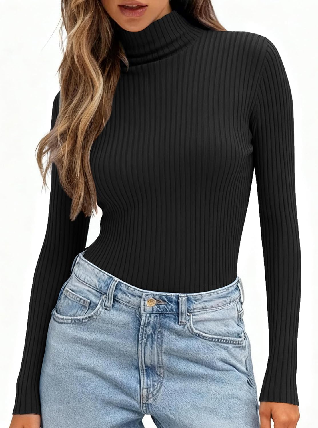 Anbech Womens Long Sleeve Turtleneck Sweater 2025 Cable Knit Lightweight Fitted Pullover Tops S-XL