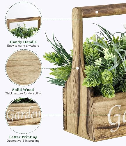 Miniatura 5 de Plantas artificiales, plantas falsas surtidas en caja de madera, plantas sintéticas rústicas con mango y letra decorativa de jardín, decoración de