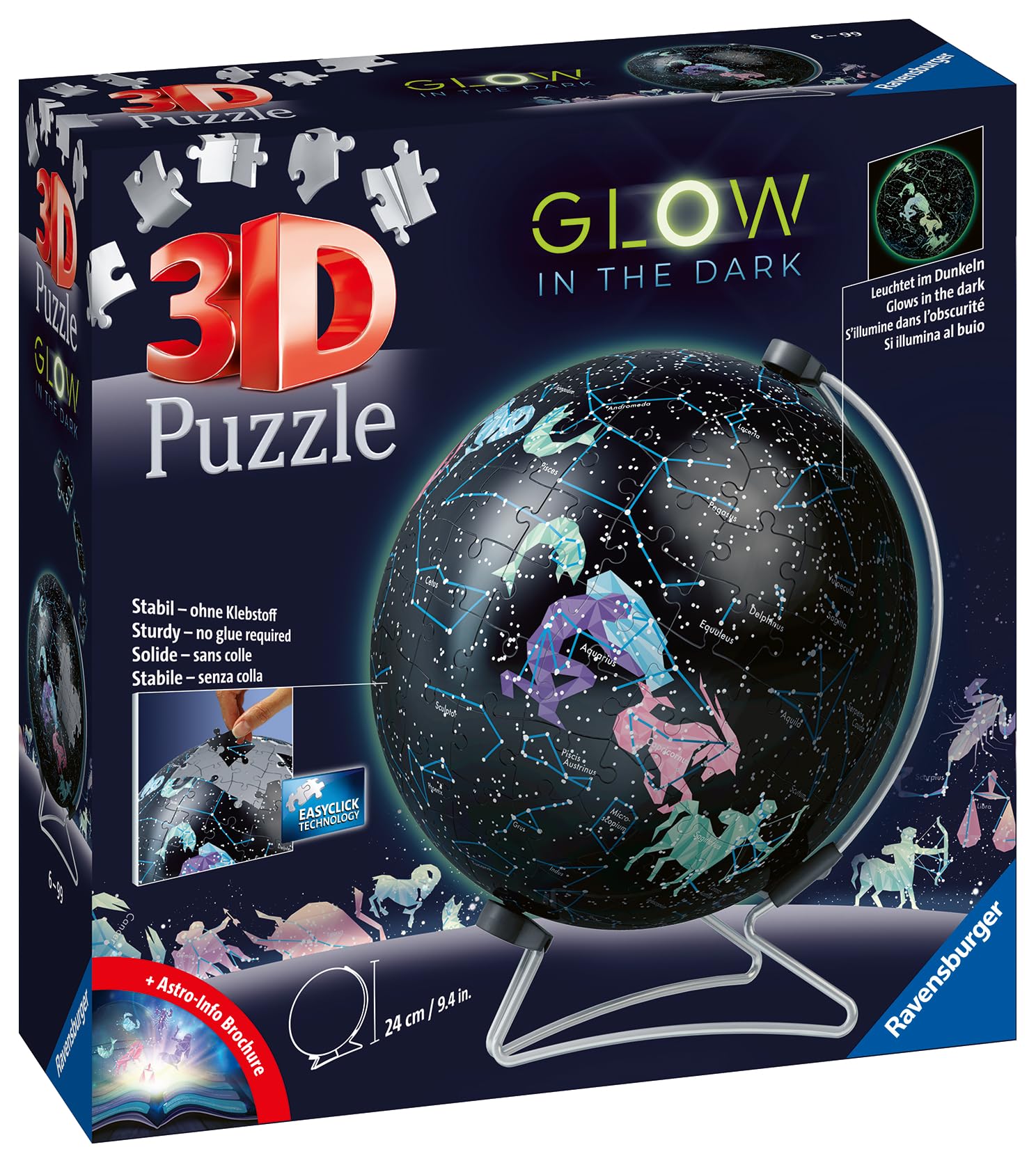 Ravensburger - Puzzle 3D Ball éducatif - Globe Phosphorescent 180 p - La Carte du Ciel étoilé - A partir de 6 Ans - 180 pièces numérotées à Assembler sans Colle - Support Rotatif Inclus - 11544