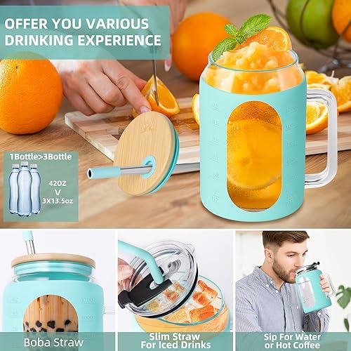 Miniatura 4 de Vaso de vidrio de 50 onzas con tapa y popote, taza con mango de vidrio de 1.5 L con funda de silicona, tapa de bambú y tapa sin BPA, 2 popotes de