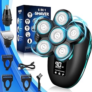 Upgrade 6-in-1 Head Shaver for Men, Mens Electric Shaver Bald Head Shaver Cordless Electric Razor for Men IPX7 Waterproof Rotary Shaver Grooming Kit, Face Head Shaver with Nose Hair Sideburns Trimmer