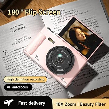Acogedor 5K Digital Camera, 75MP, 2.8 Inch, 180° Flip Screen, 18X Intelligent Zoom, Auto Focus, 5K Video Recording, Creative Filter, Filllight, Travel Camera, Travel, Selfie PINK