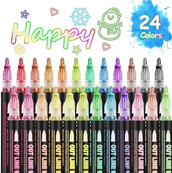 Double Line Outline Markers 24 Colors Super Squiggles Glitter Markers Self Outline Metallic Marker, Teen Girl Gifts Trendy Stuff, Doodle Shimmer Marker for Christmas Gift, Birthday, DIY Art Crafts