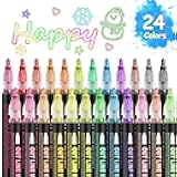 OUNIY Double Line Outline Markers 24 Colors Super Squiggles Glitter Markers Self Outline Metallic Marker, Doodle Shimmer Marker Drawing Pens for Christmas Greeting Card, Birthday Gift, DIY Art Crafts