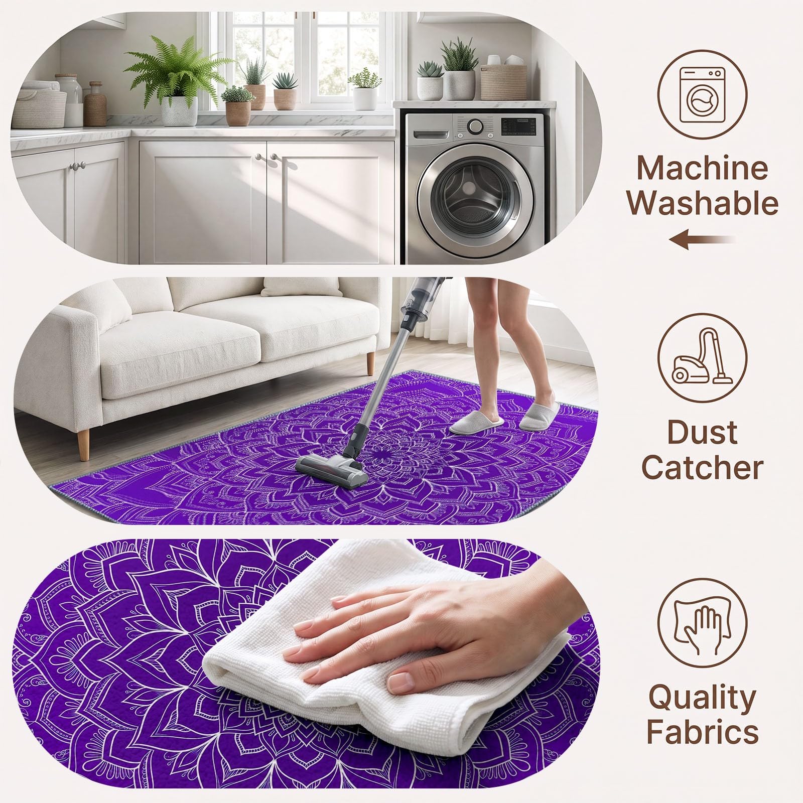 Bohemian Wohnzimmer Teppich 100 x 160 cm, Waschmaschine Geometrisches Blumenmuster Lila Mandala Schlafzimmer Weicher rutschfest Design Teppiche für Küche Esszimmer Büro Bereich Dekor