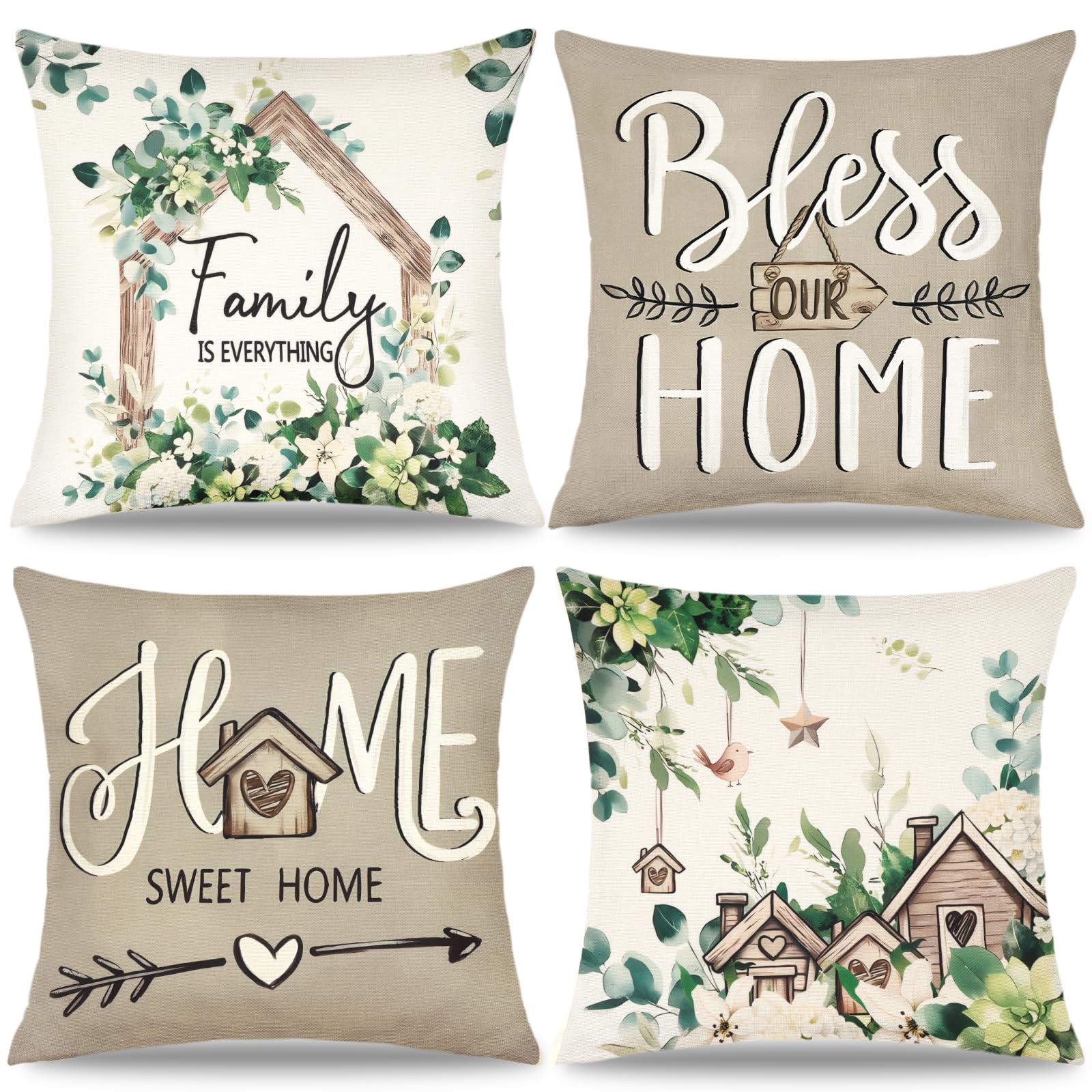Weldomcor Spring Floral Cushion Covers Set of 4, 45 x 45 cm Seasonal Eucalyptus Flowers Family is Everything Pillow Case Green Decorative Throw Pillow Cases for Sofa Couch Living Room Garden Patio