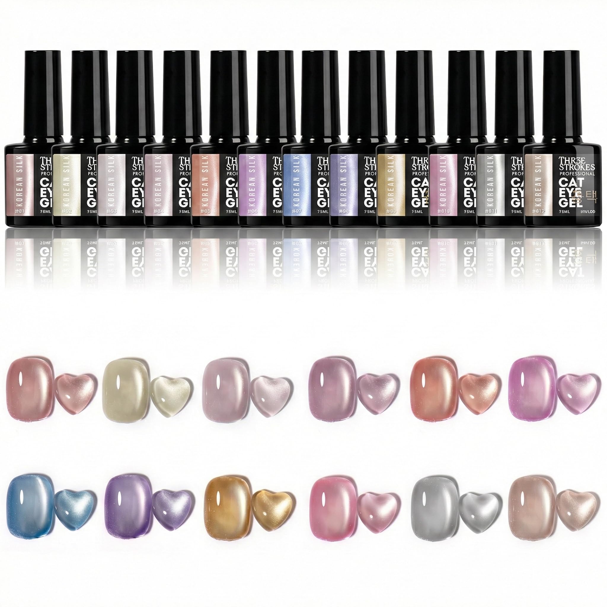 THR3E STROKES Korean Silk Cat Eye Gel Polish Set - 12 Colors (7.5ml) - Magnetic Velvet Shimmer Effect - UV/LED Soak Off Nail Art Manicure Kit (KS01-KS12) (KOREAN SILK)