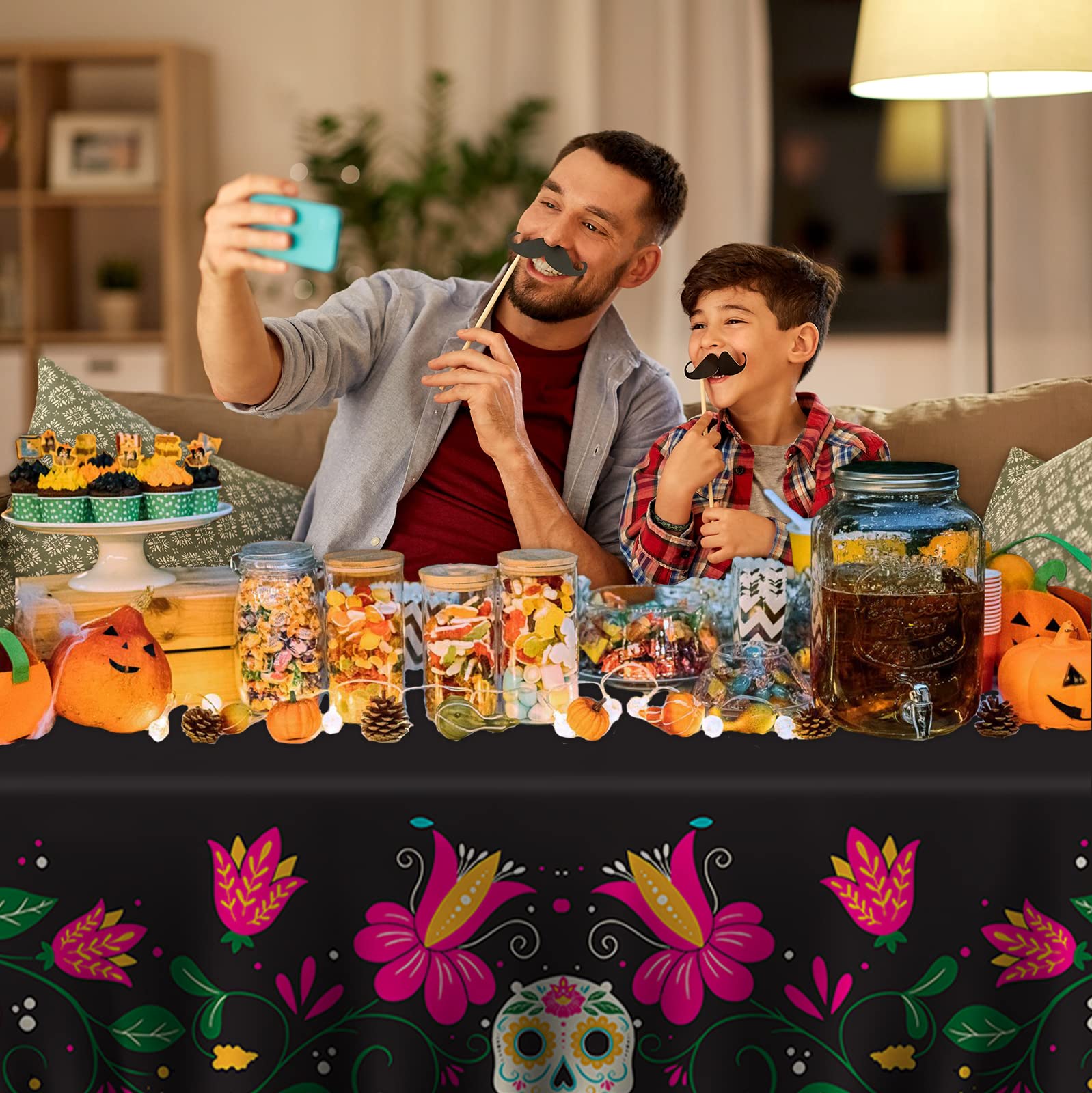 Day Of The Dead Skull Floral Halloween Tablecloth - 53x98 Inch Rectangular Party Table Cover - View #10