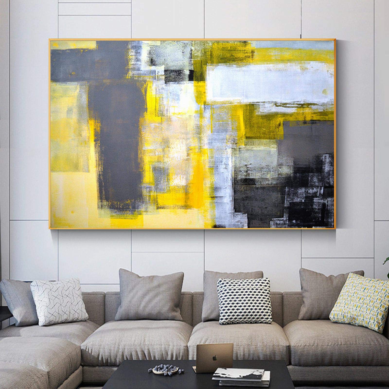 Cuadros abstractos de estilo moderno, pintura en lienzo amarillo, gris y blanco, imágenes artísticas de pared para decoración de sala de estar, 75x120cm (29,5x47,2 pulgadas) con marco