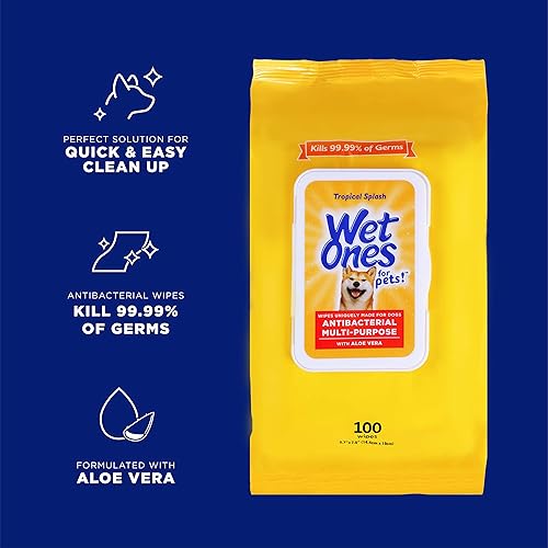 Miniatura 2 de Wet Ones Toallitas multiusos para mascotas para perros, con aloe vera, antibacterianas, mata gérmenes, aroma tropical salpicadura, paquete de 3, 100
