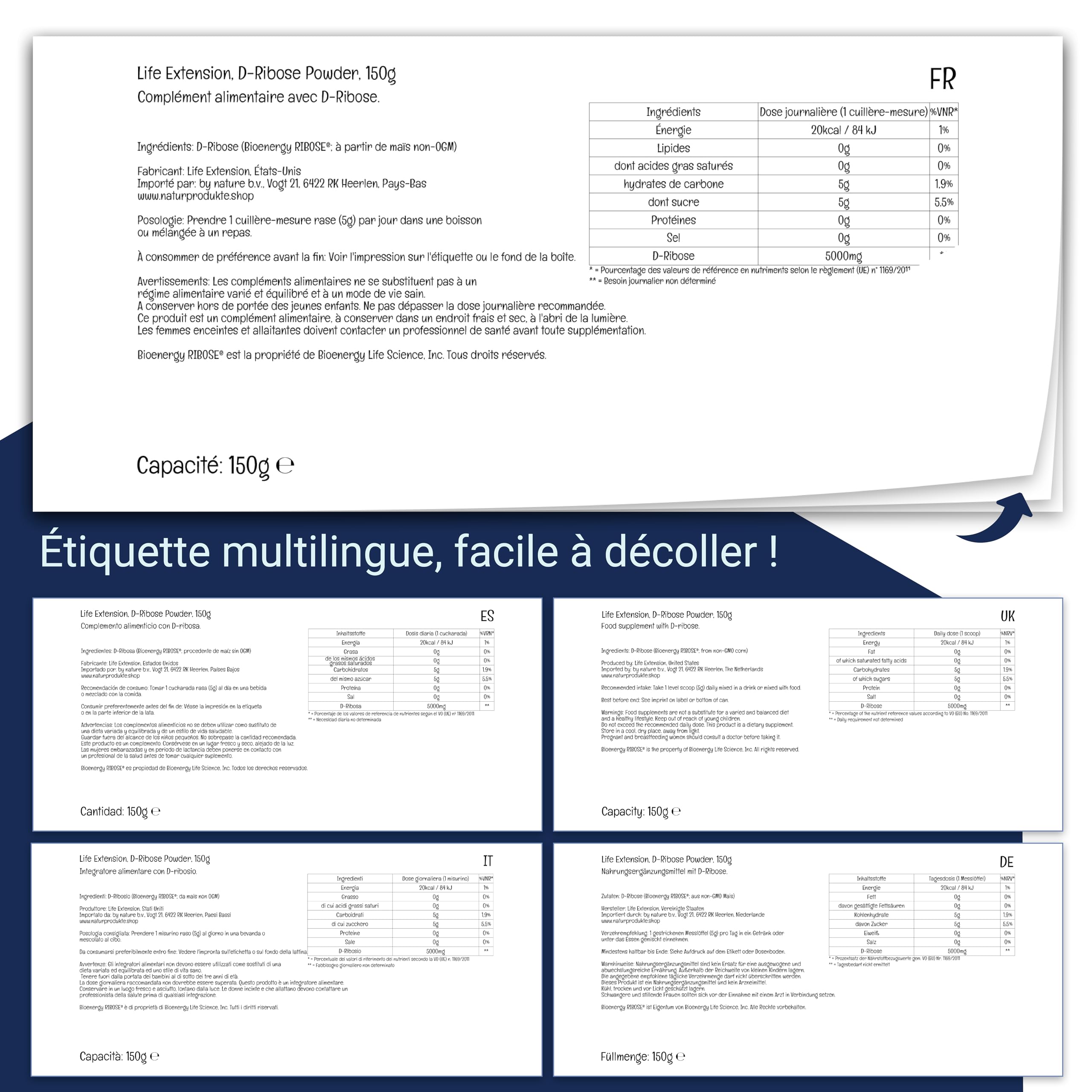 Life Extension, D-Ribose, 5g par Jour, Hautement Dosé, 150g de Poudre végétalienne, Végétarien, Sans Gluten, Sans Soja, Sans OGM