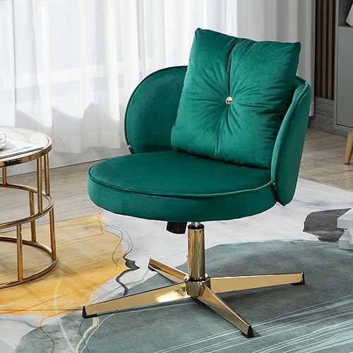 Silla de escritorio de oficina en casa sin ruedas, silla de escritorio sin brazos con almohada, silla giratoria acolchada ancha con patas cruzadas,