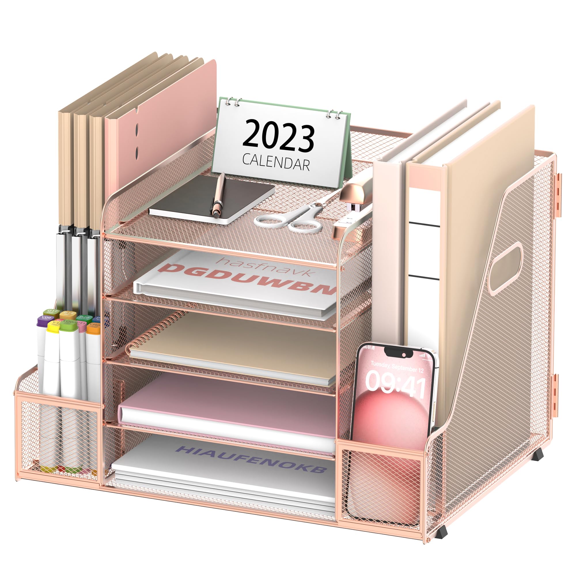 SUPEASY Gitter - Schreibtischorganizer mit Dateienhalter, 5 - Schichten - Papier - und Briefkastenträger mit Magazinehalter, Schreibtischorganizer und Lagerungseinheit, Rose Gold