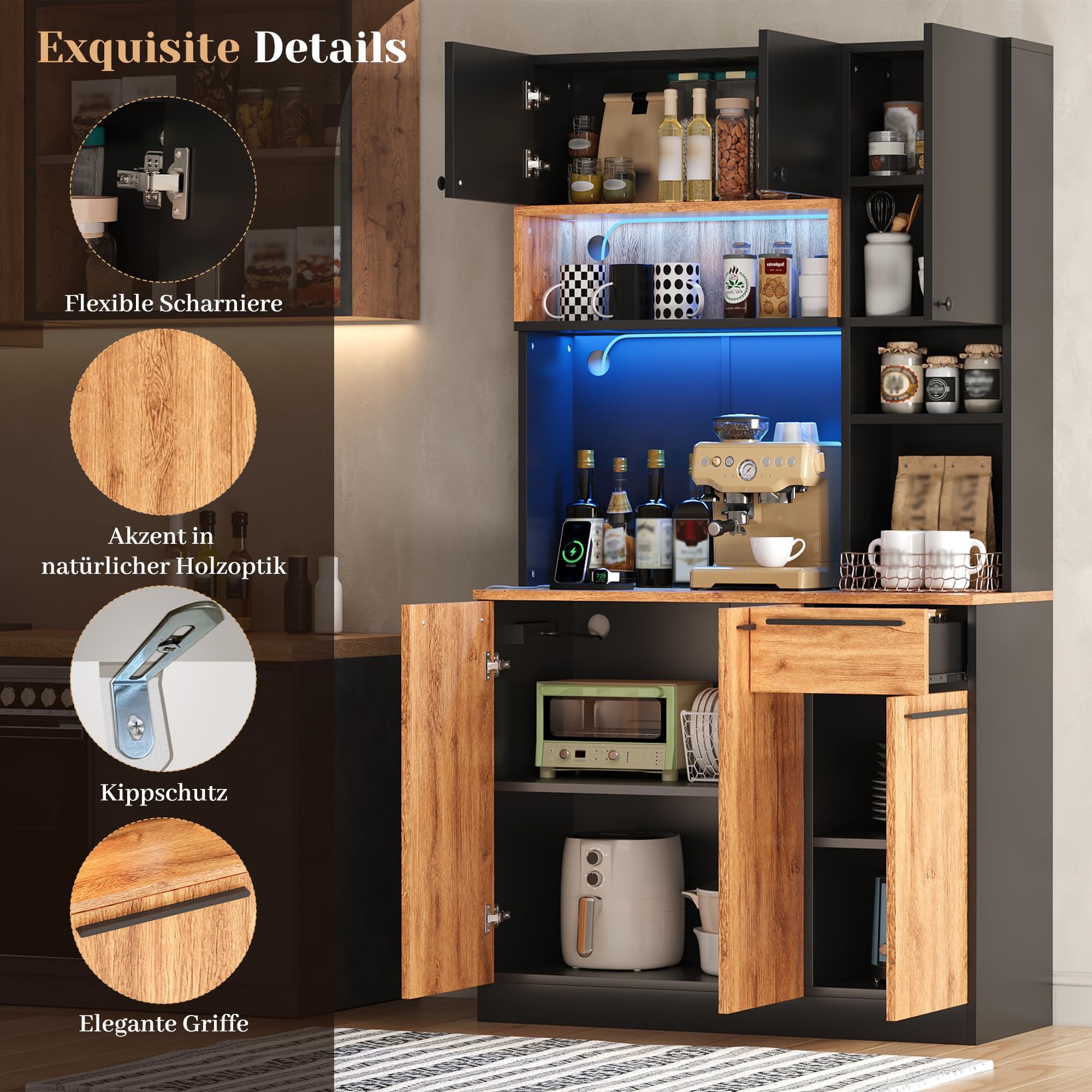 Armadio da cucina, 100 x 40 x 180 cm, con 6 ante e 1 cassetto, moderno credenza per cucina, soggiorno e sala da pranzo, naturale