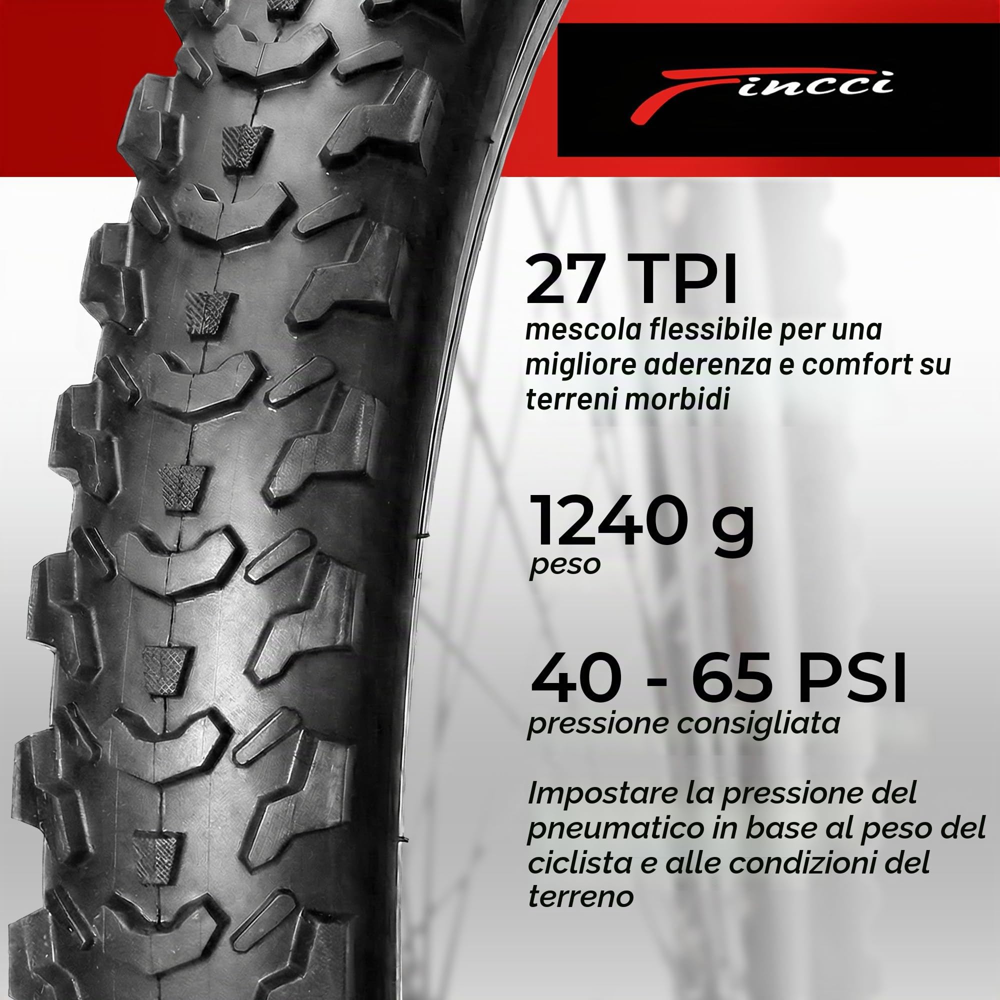 Fincci Copertone Bici 26 x 2.10 56-559 Pieghevole con Protezione | Copertone 26 x 2.10 con Protezione Antiforatura da 2.5 mm e Carcassa 27 TPI per Pressione 40-65 PSI - Set da 2