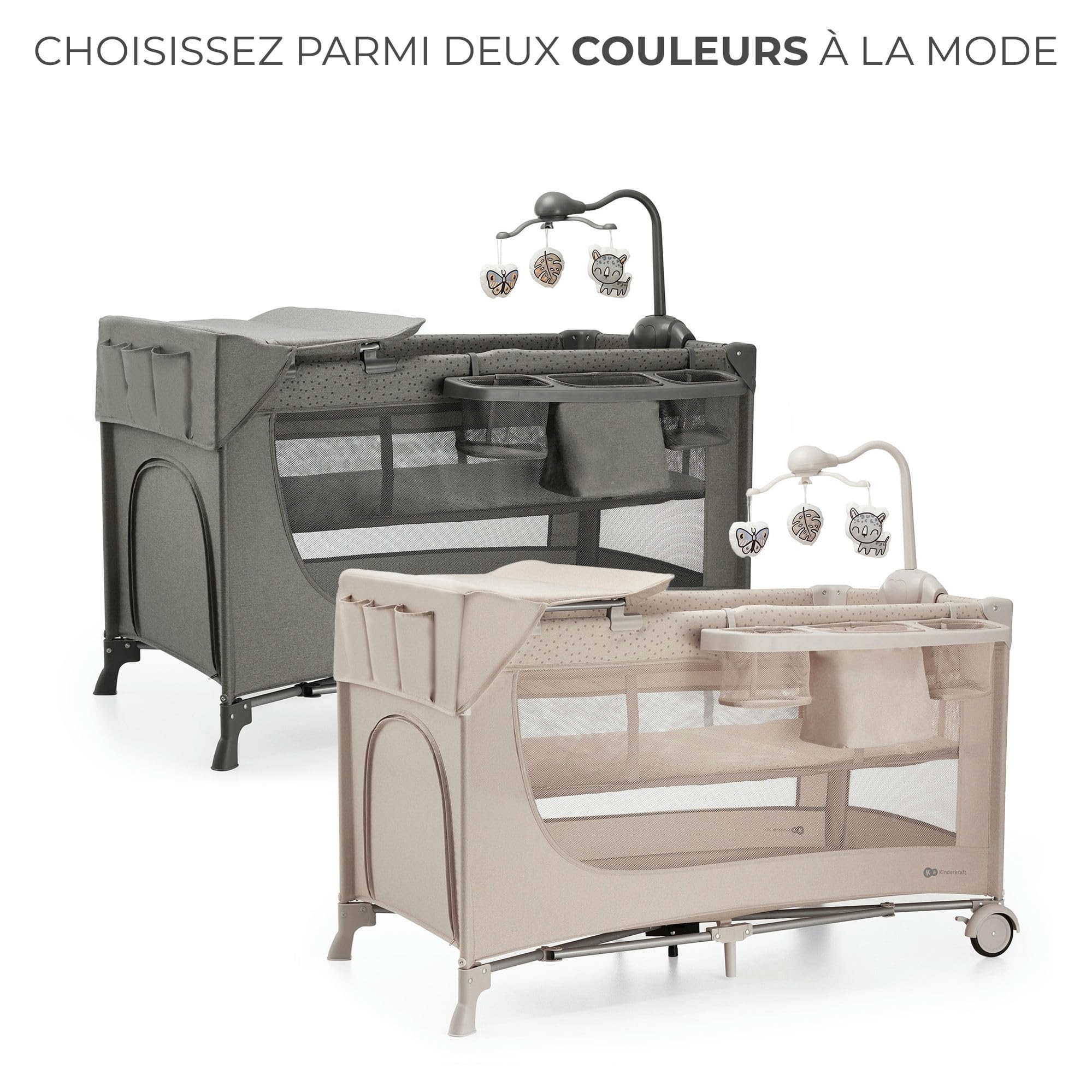 Kinderkraft Joy 2 ACC Lit Parapluie 2 en 1, Lit bébé de la Naissance Jusqu’à 15 kg, 120 x 60 cm, Facile à Plier, Carrousel avec Jouets, Étagères pour Les Couches, Sac de Transport Inclus, Gris