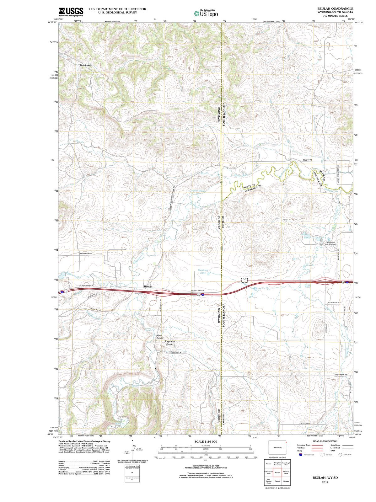 2012 Beulah, WY - Wyoming - USGS Historical Topographic Map : 33in x 44in