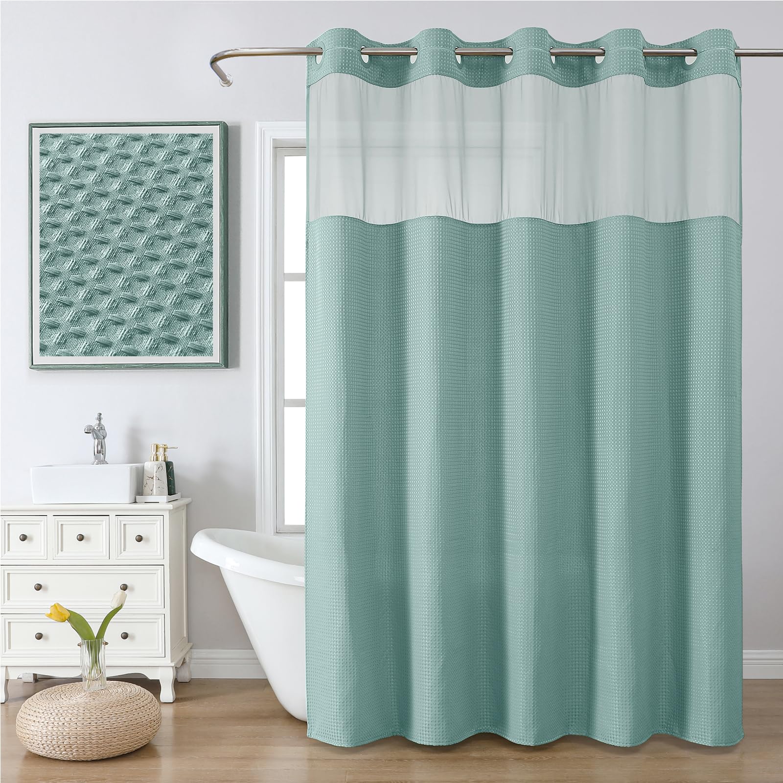 FY&XZH No Hook Waffle Weave Shower Curtain with Mesh Top Window, Shower Curtain with Laminated Waterproof Backing for Bathroom, Machine Washable, Hotel Style Fabric, 72W x 75H, Teal