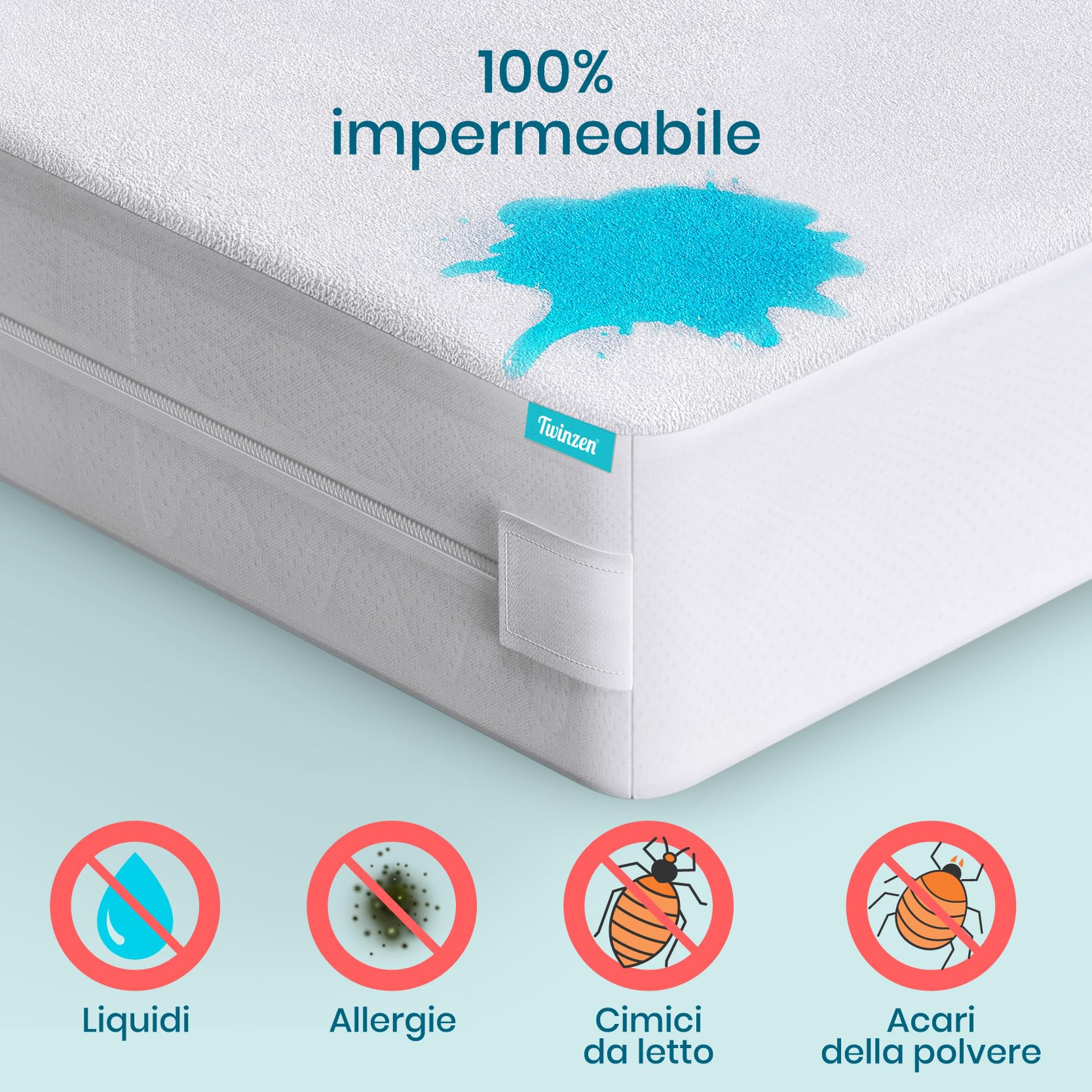 Twinzen - Coprimaterasso Singolo con Cerniera - coprimaterasso 90x200 x 25 cm - Impermeabile, Antiacaro e Anticimici - Bi-Ome & Oeko-Tex