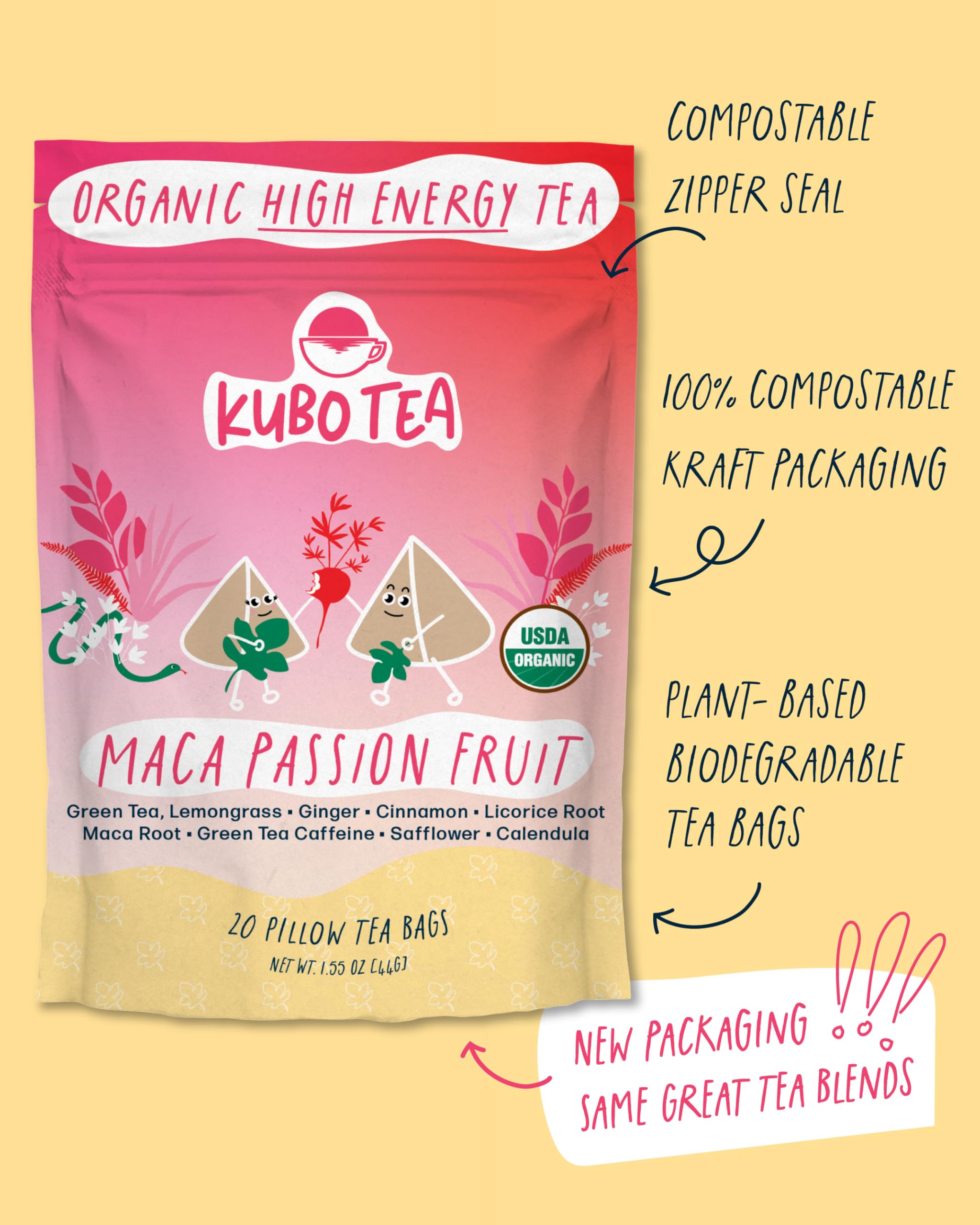High Caffeine Tea 140 mg - Kubo Tea Organic Maca Passion Fruit Green Tea Bags for Clean Energy — view 6