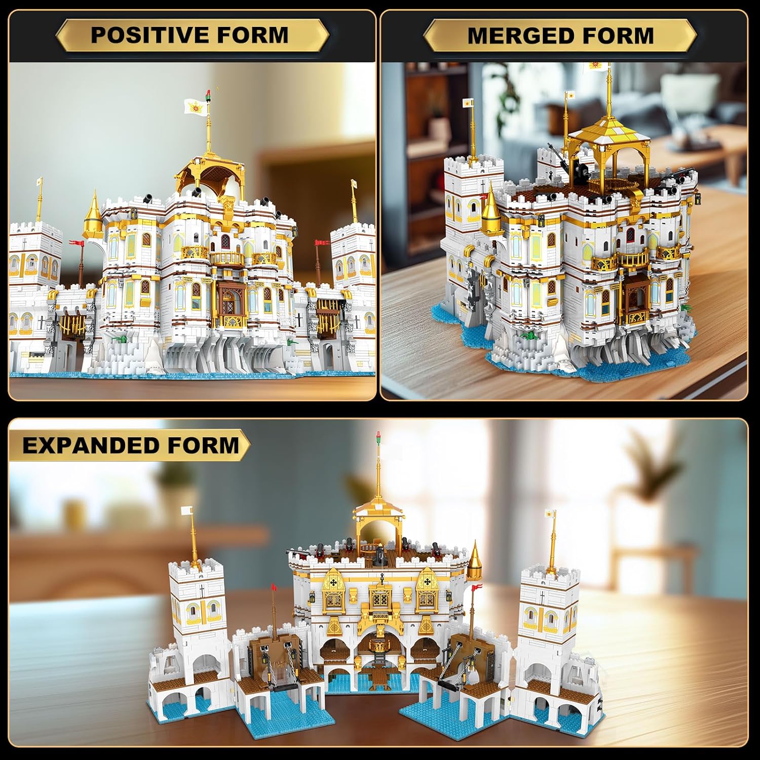 Three configurations of the Reobrix Royal Bay Castle: compact, merged, and expanded.