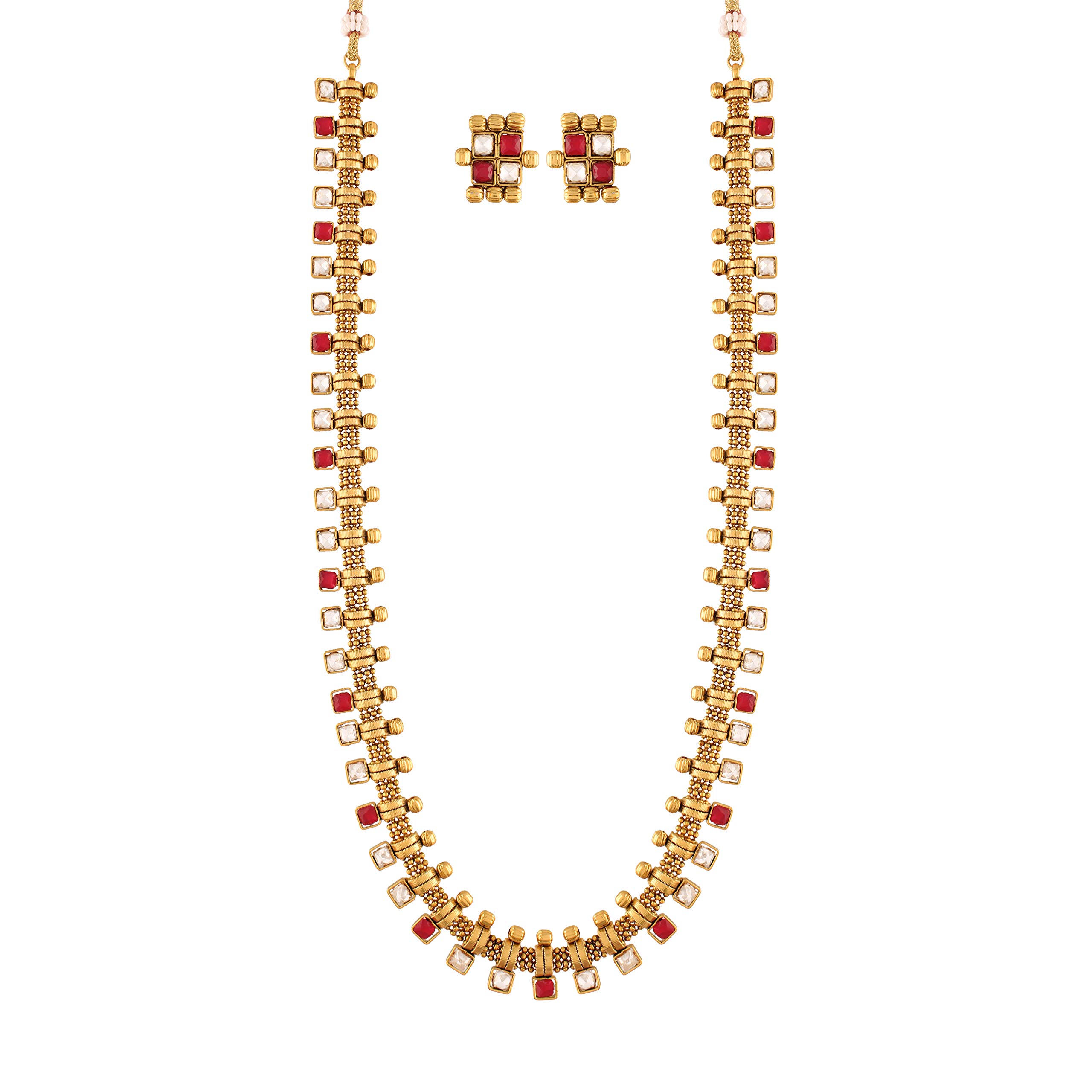I Jewels18K Gold Plated Traditional South Indian Stylish Multicolour Stone Work Long Necklace With Earrings For Women & Girls (MC041)
