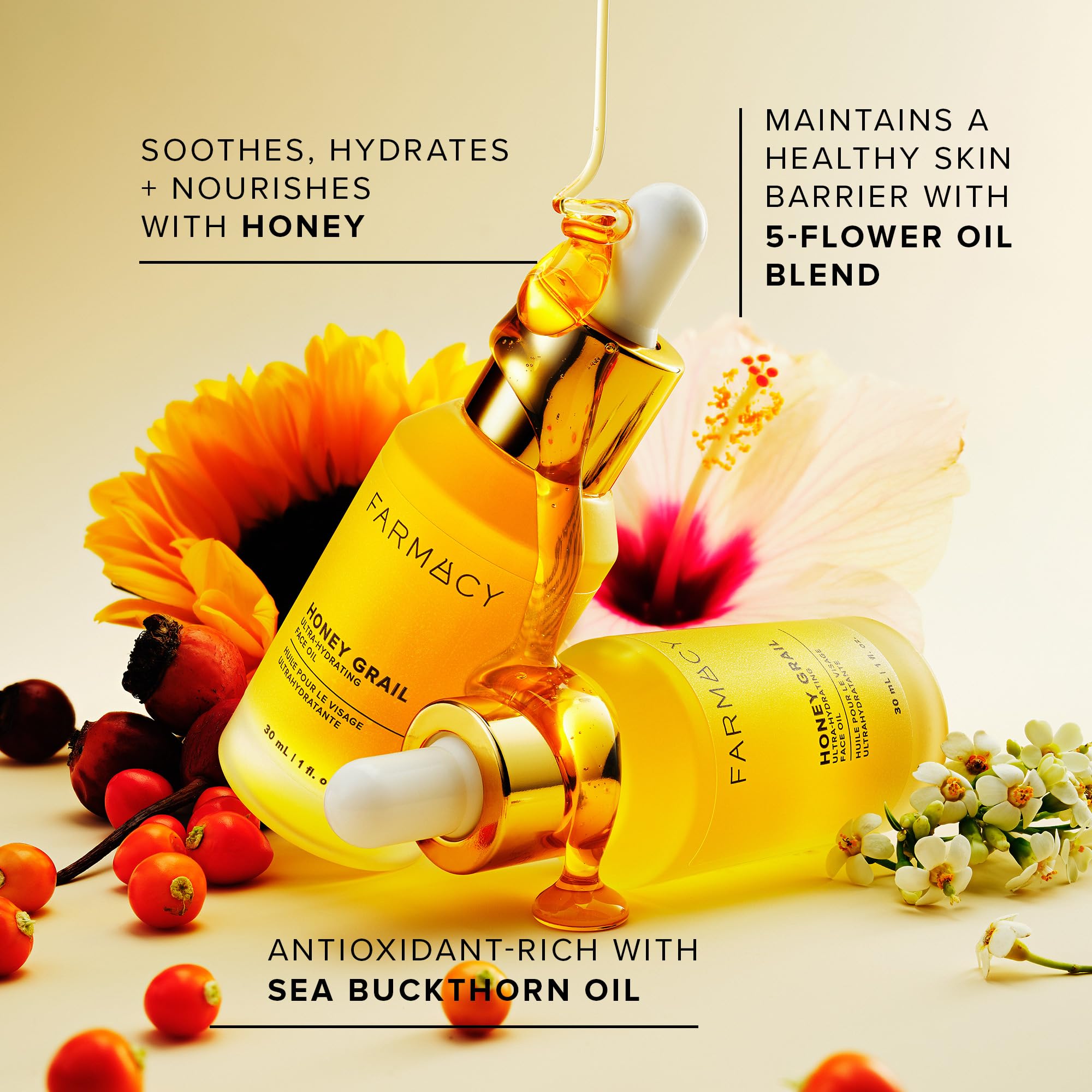 Farmacy Aceite hidratante facial Honey Grail para piel seca, líneas finas y arrugas con aceite de rosa mosqueta y espino amarillo