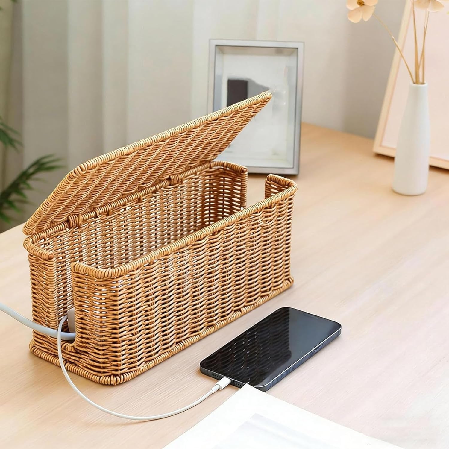 Handwoven Rattan Cable Management Box, Decorative Cord Organizer with Safety Lock, Basket to Hide Cords, 2 Side Open for Power Strips & Chargers (Brown, M)