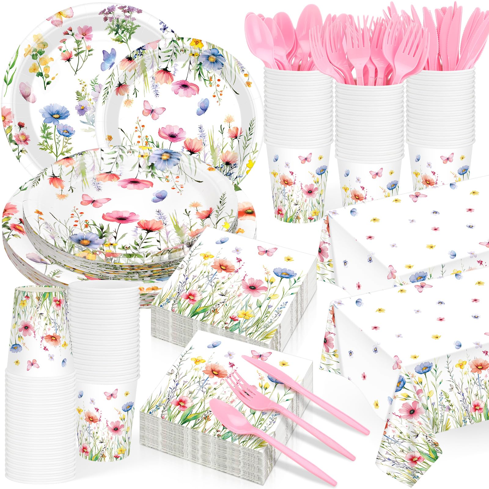 Yungyan 194 Pcs Wildflower Plates and Napkins Party Supplies for Valentines Baby Shower Spring Disposable Floral Paper Plates and Napkins Tablecloth